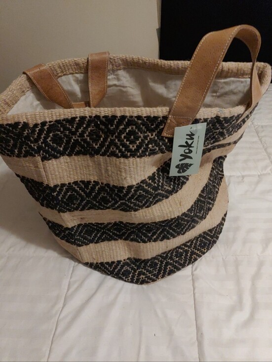 yoku Handbags - Yoku Black and Natural Striped Woven Tote with Tan Straps